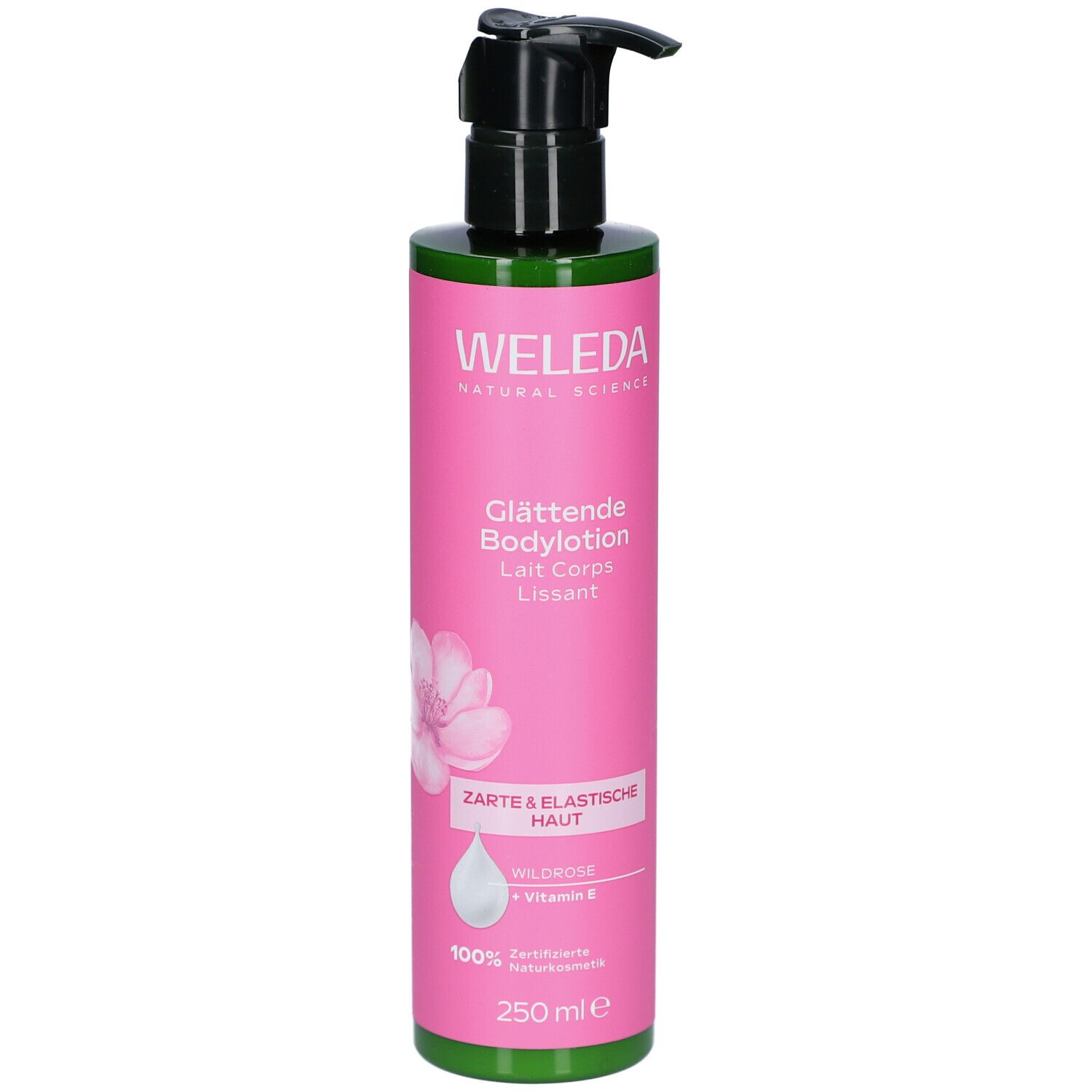 Rosa Flasche mit schwarzem Pumpkopf. Aufschrift: WELEDA, Glättende Bodylotion, Zarte & elastische Haut. 250 ml.