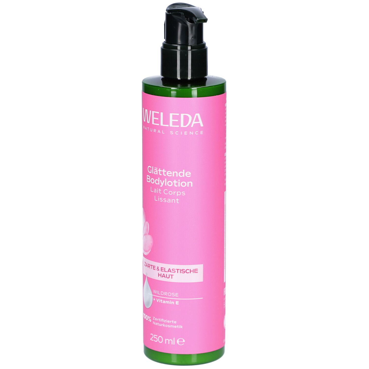 Rosa Flasche mit schwarzem Pumpkopf. Aufschrift: WELEDA, Glättende Bodylotion, Zarte & elastische Haut. 250 ml.