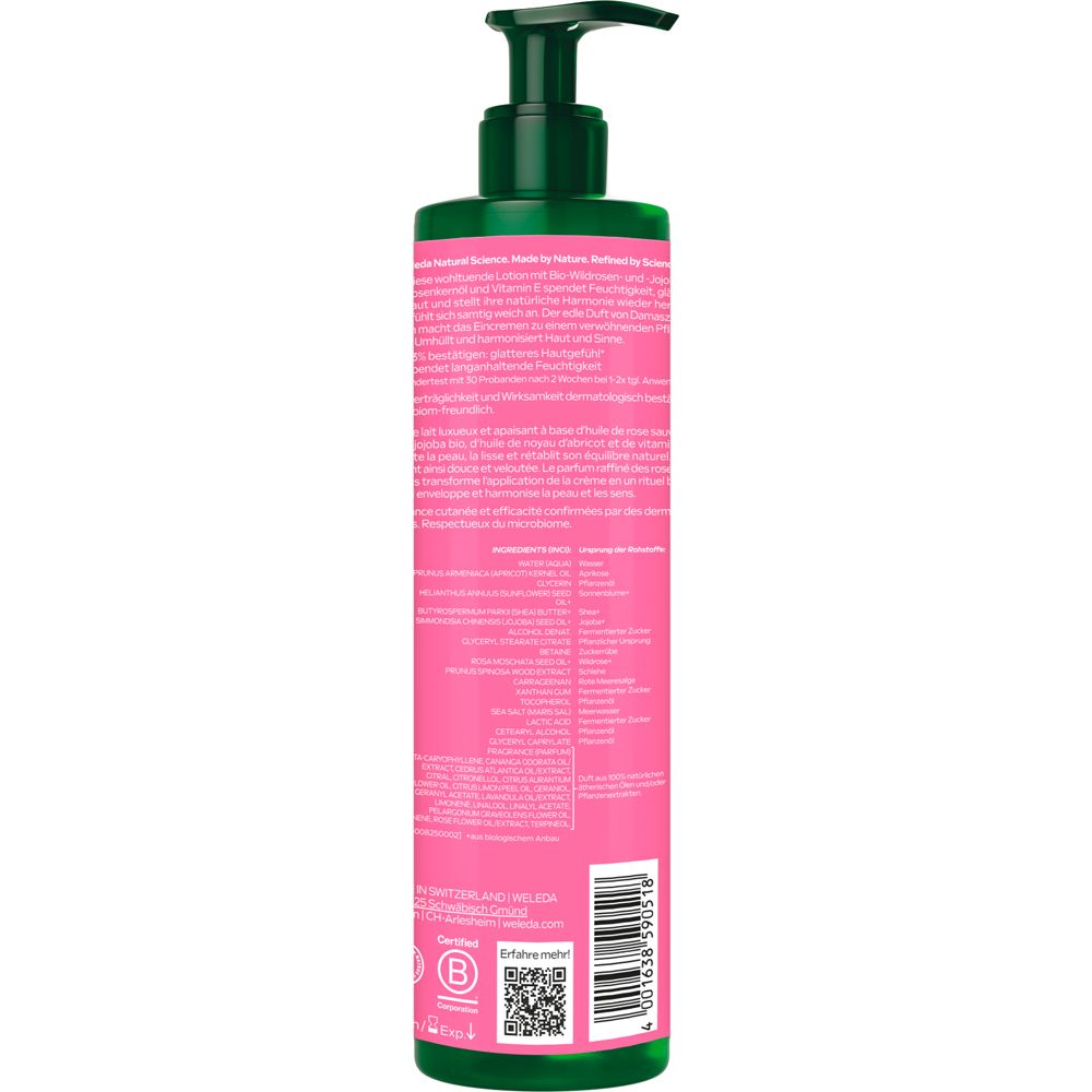 Rückseite der Weleda Bodylotion-Flasche. Text und Inhaltsstoffe in mehreren Sprachen. Mit B Corp-Zertifizierung.