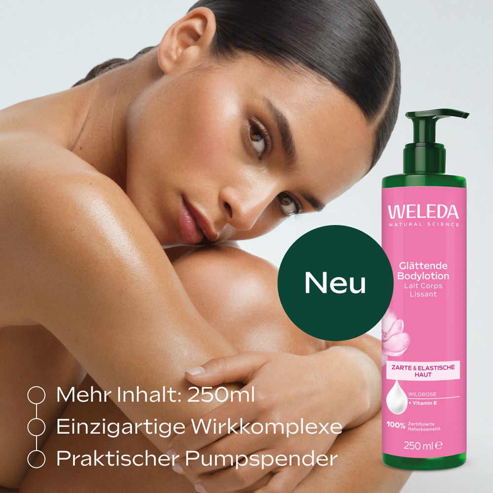 Frau mit Weleda Bodylotion. Text: Mehr Inhalt: 250ml, Einzigartige Wirkkomplexe, Praktischer Pumpspender. Neu-Label.