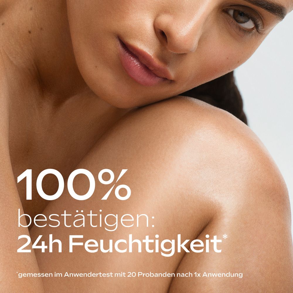 Frau mit Haut. Text: 100% bestätigen: 24h Feuchtigkeit*. *gemessen im Anwendertest mit 20 Probanden nach 1x Anwendung.