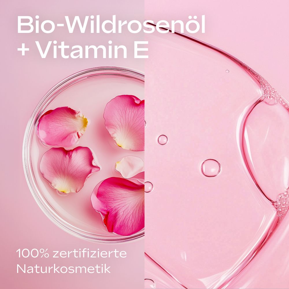 Petrischale mit Bio-Wildrosenöl + Vitamin E und Rosenblättern. Text: 100% zertifizierte Naturkosmetik.