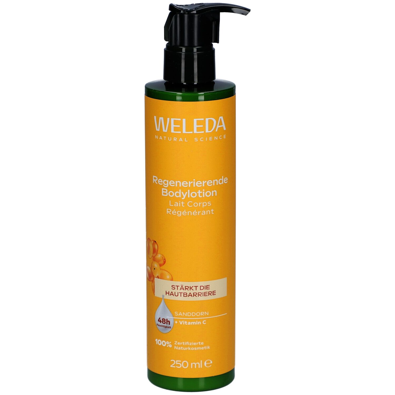 Gelbe Flasche mit schwarzem Pumpkopf. Aufschrift: WELEDA, Regenerierende Bodylotion. Enthält Sanddorn und Vitamin C. 250 ml.