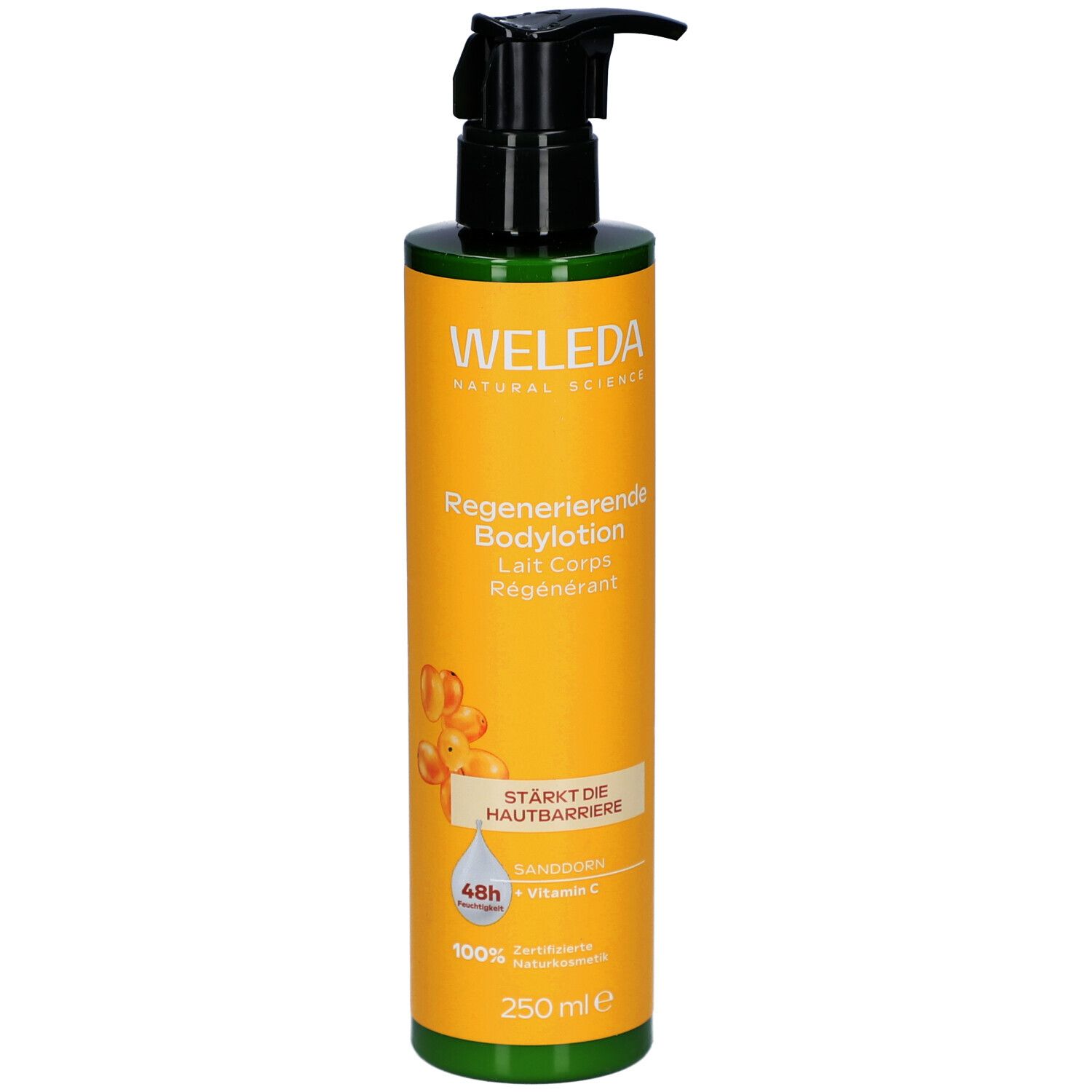 Gelbe Flasche mit schwarzem Pumpkopf. Aufschrift: WELEDA, Regenerierende Bodylotion. Enthält Sanddorn und Vitamin C. 250 ml.