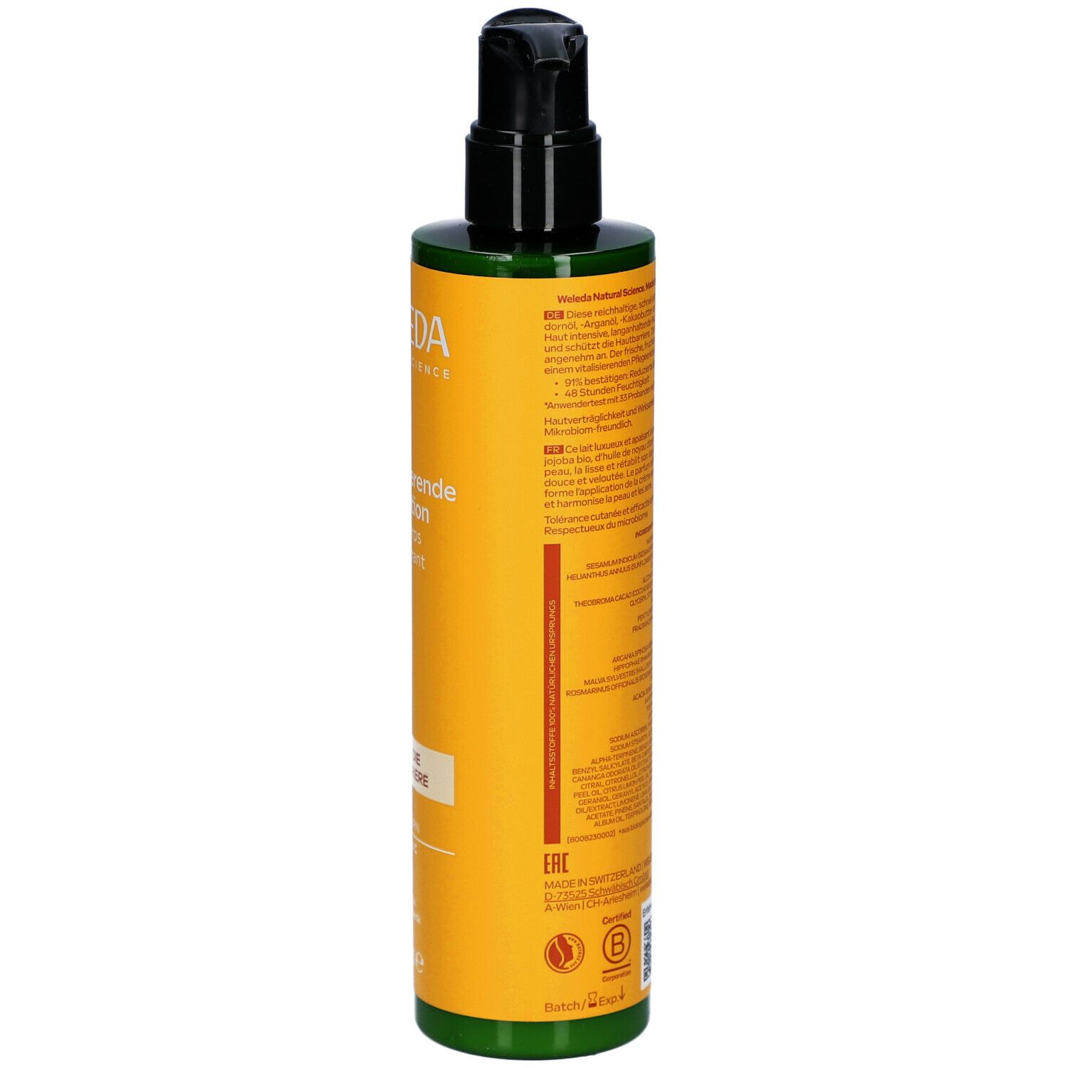 Rückansicht der gelben Flasche mit grünem Rand und schwarzem Pumpkopf. Text auf Deutsch. Enthält Sanddorn und Vitamin C. 250 ml.