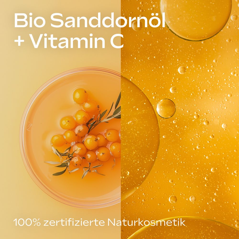Nahaufnahme von Sanddornöl und Vitamin C. 100% zertifizierte Naturkosmetik.