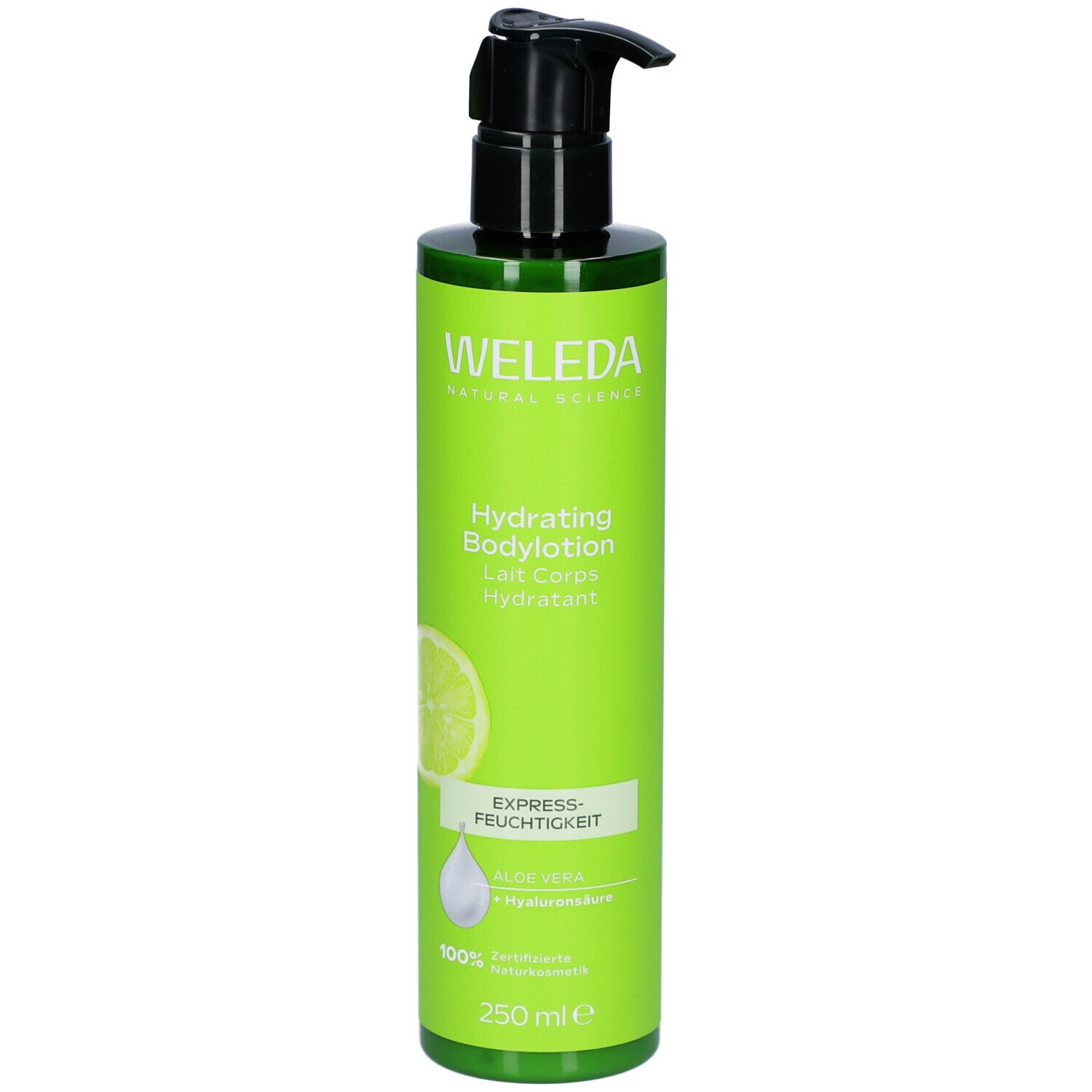 Grüne Flasche mit schwarzem Pumpkopf. Aufschrift: WELEDA, Hydrating Bodylotion. Abbildung einer Zitrone und Tropfen. 250 ml.