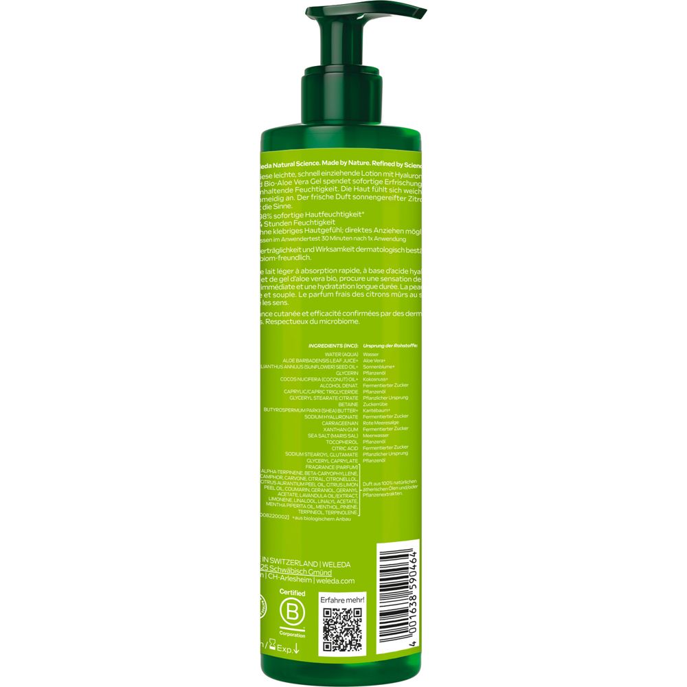 Rückseite der grünen Flasche. Text mit Inhaltsstoffen und Zertifizierungen. QR-Code und B Corp-Logo.