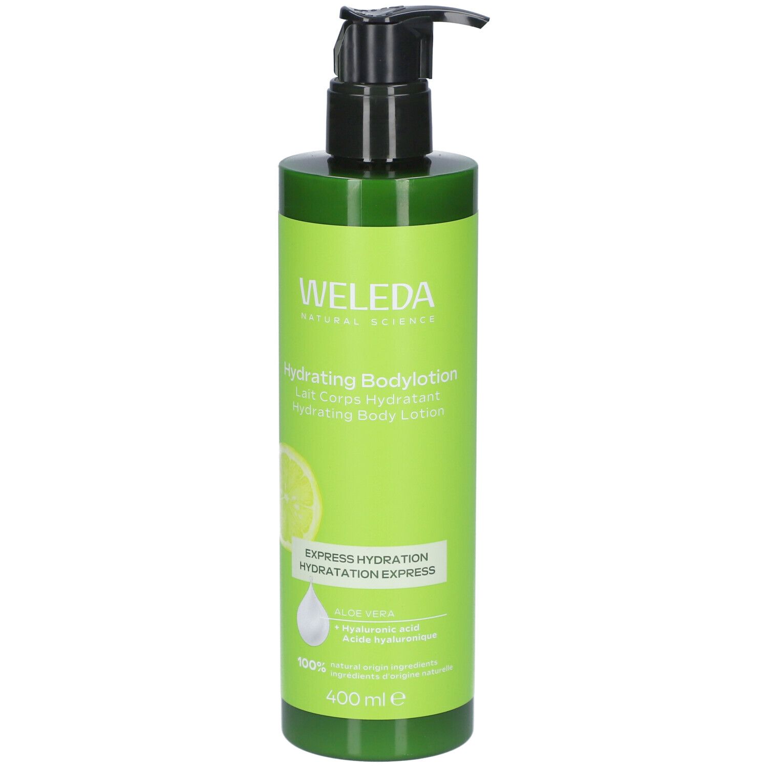 Grüne Flasche mit schwarzem Pumpkopf. Aufschrift: WELEDA, Hydrating Bodylotion. Mit Zitrone-Grafik und Text: EXPRESS HYDRATION.
