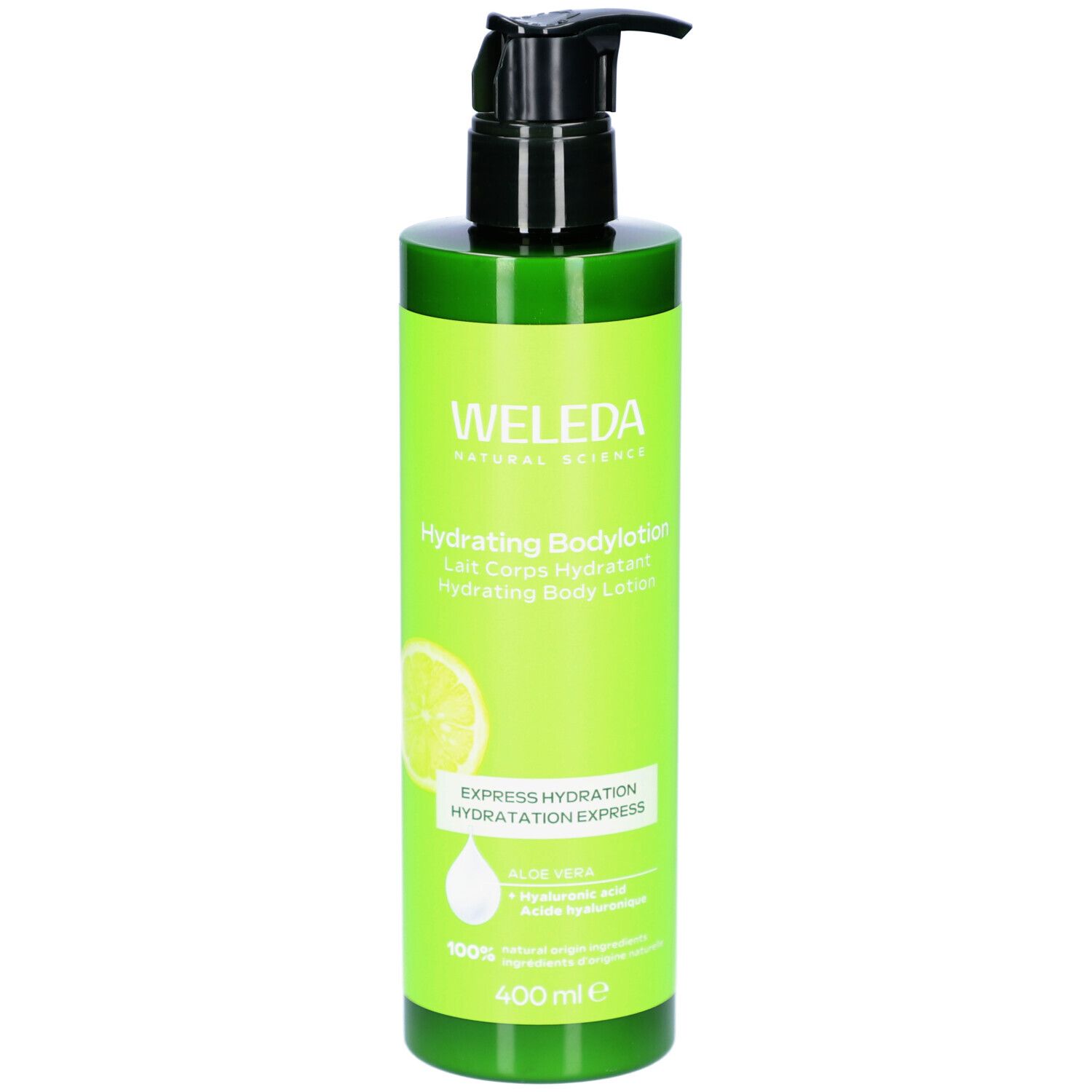 Grüne Flasche mit schwarzem Pumpkopf. Aufschrift: WELEDA, Hydrating Bodylotion. Mit Zitrone-Grafik und Text: EXPRESS HYDRATION.