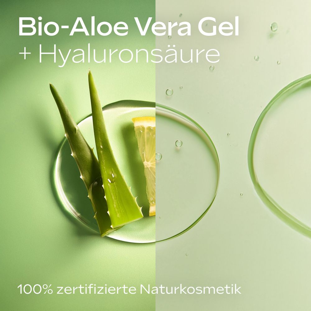 Aloe Vera und Zitrone. Text: Bio-Aloe Vera Gel + Hyaluronsäure. 100% zertifizierte Naturkosmetik.