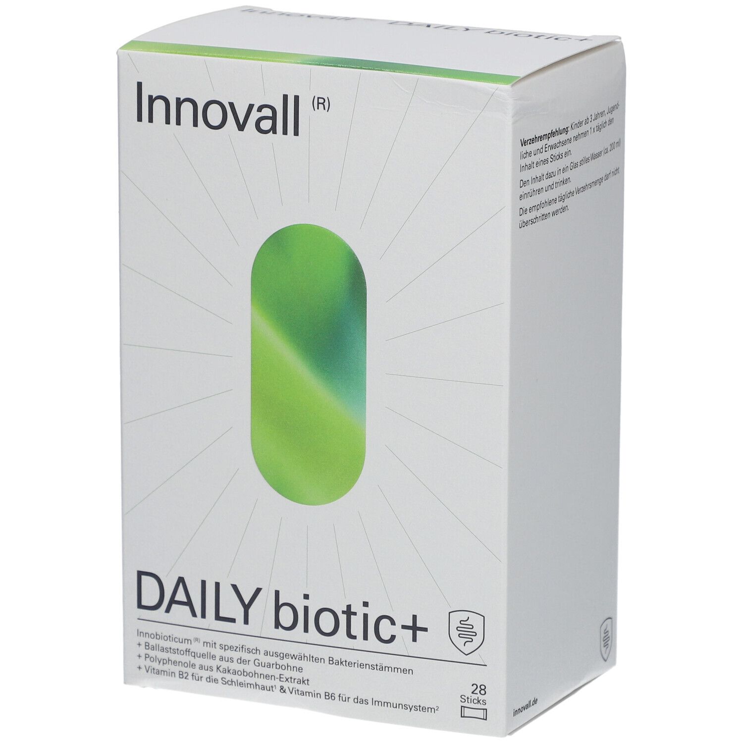 Weiße Verpackung von Innovall® DAILY biotic+. Großes grünes Oval. Text: DAILY biotic+ und 28 Sticks.