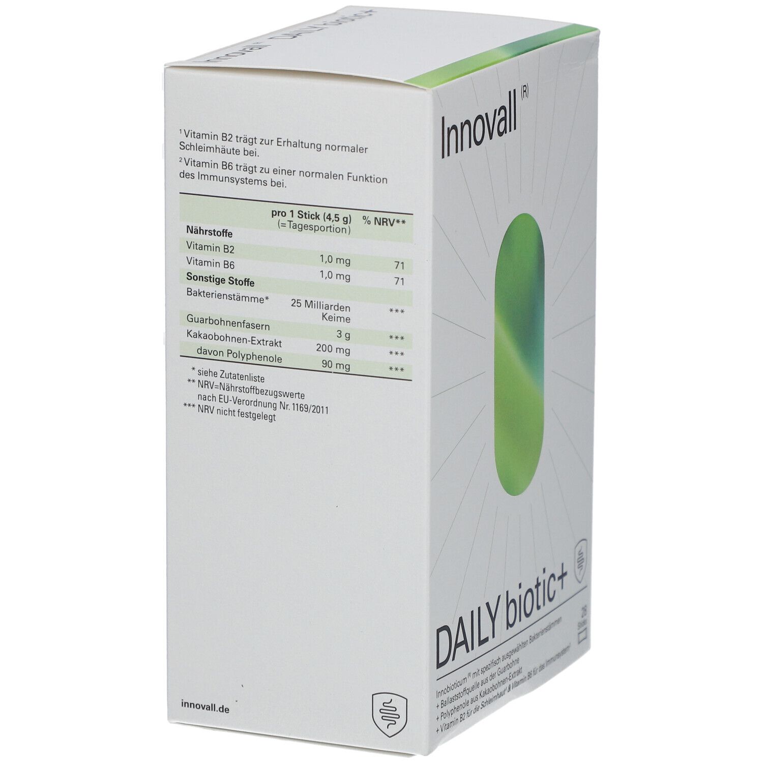 Weiße Verpackung von Innovall® DAILY biotic+. Seite mit Nährwerttabelle. Text: Innovall® DAILY biotic+.
