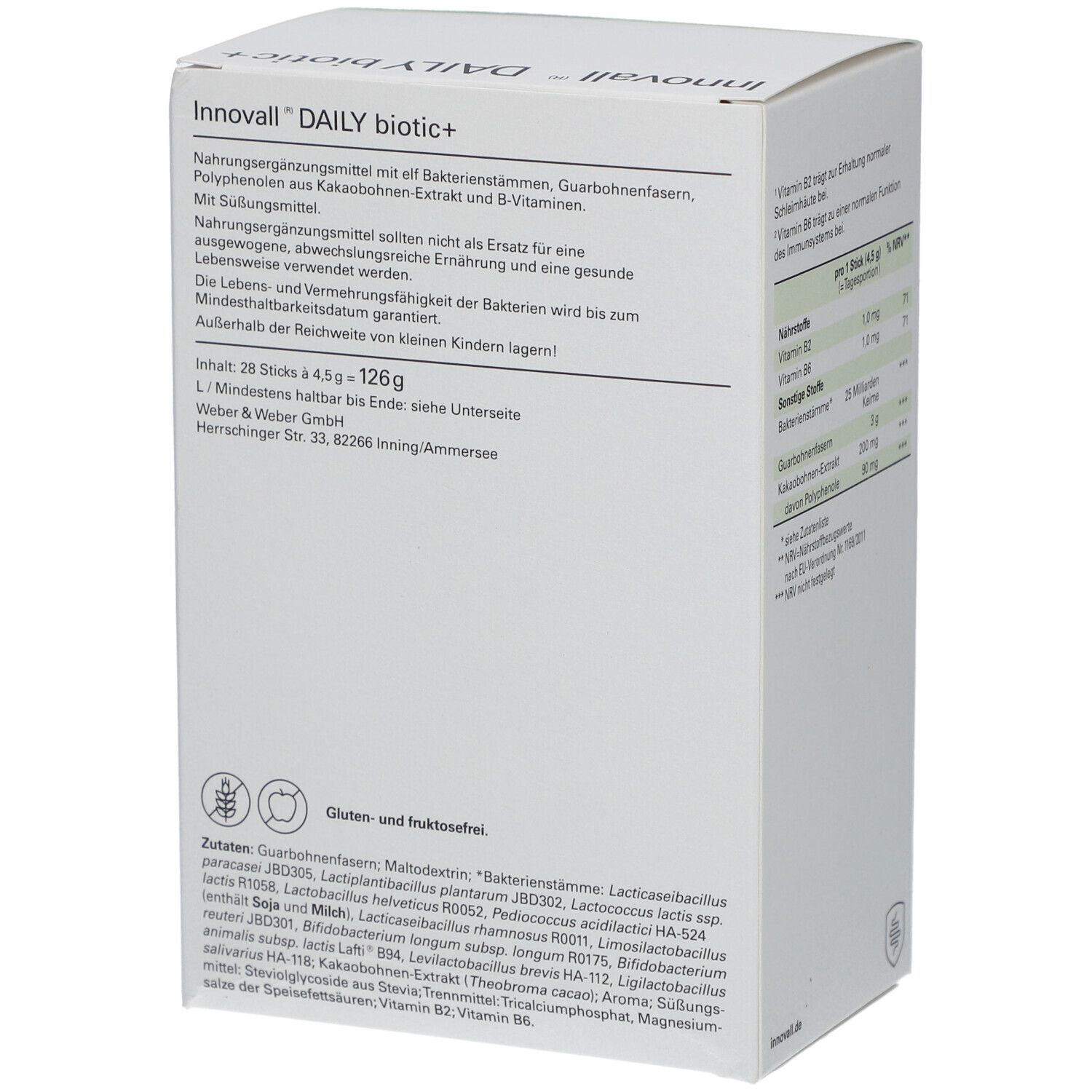 Weiße Verpackung von Innovall® DAILY biotic+. Rückseite mit Inhaltsstoffen. Text: Innovall® DAILY biotic+.