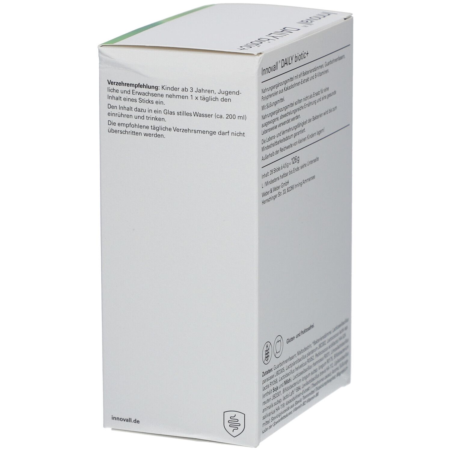 Weiße Verpackung von Innovall® DAILY biotic+. Seite mit Verzehrempfehlung. Text: Innovall® DAILY biotic+.