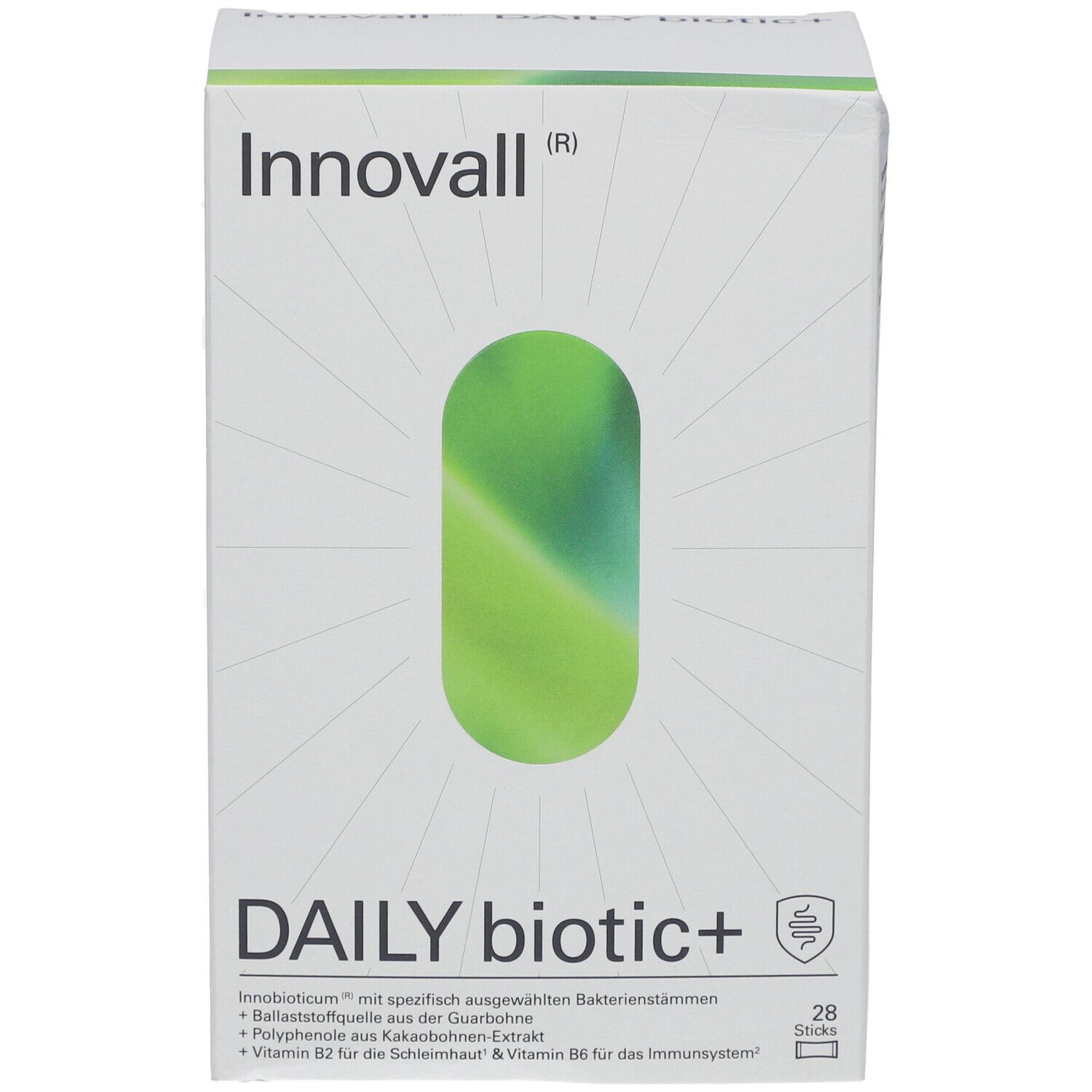 Weiße Verpackung von Innovall® DAILY biotic+. Großes grünes Oval. Text: DAILY biotic+ und 28 Sticks.