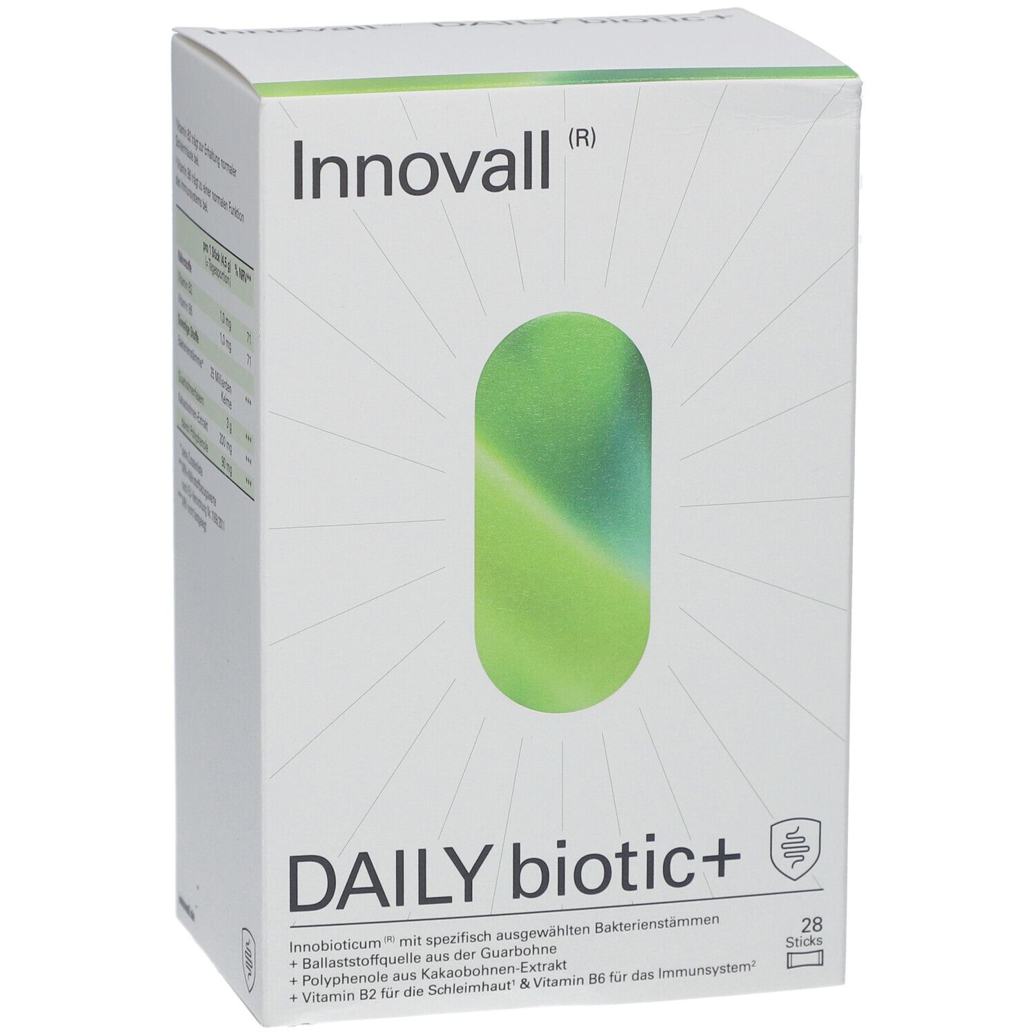 Weiße Verpackung von Innovall® DAILY biotic+. Großes grünes Oval. Text: DAILY biotic+ und 28 Sticks.