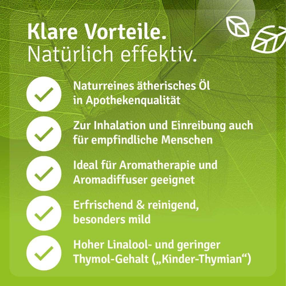 Produktflasche neben Text. Text: Naturreines ätherisches Öl, in Apothekenqualität. Geeignet für Aromatherapie.