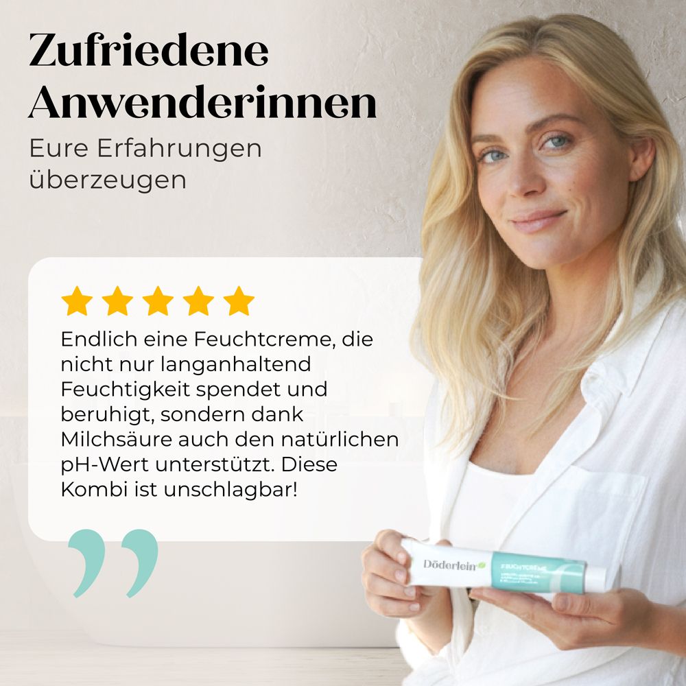 Frau mit Tube Döderlein Feuchtcreme. Zitat: Zufriedene Anwenderinnen. 5 Sterne Bewertung.