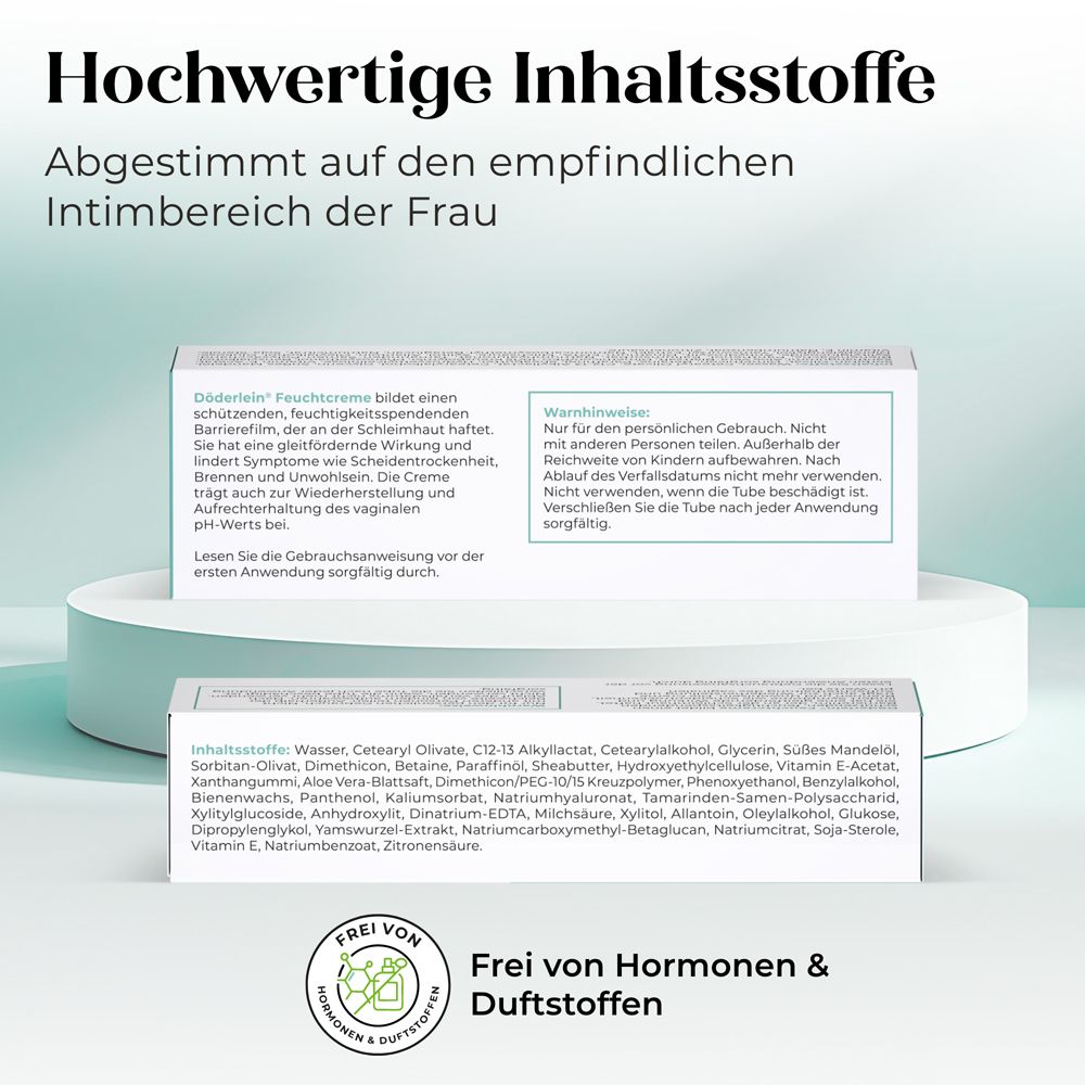 Text über Inhaltsstoffe und Anwendungshinweise. Frei von Hormonen & Duftstoffen.