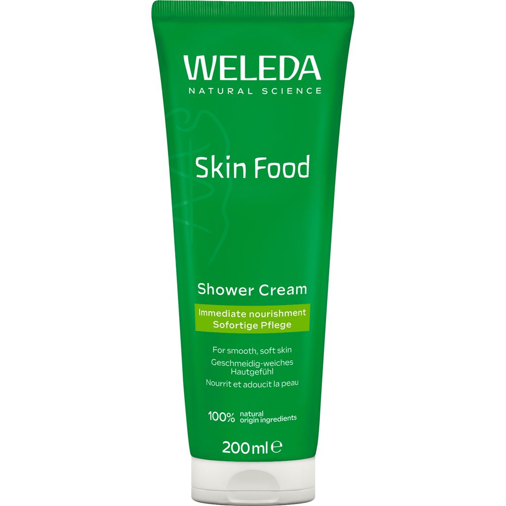 Grüne Tube mit weißem Deckel. Aufschrift: Weleda Skin Food Shower Cream. 100% natürliche Inhaltsstoffe. 200ml.