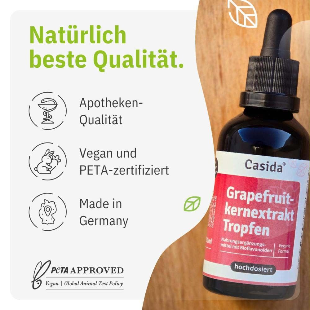 Braune Glasflasche mit Tropfer. Text: Casida, Grapefruitkernextrakt Tropfen. Vegan und PETA-zertifiziert. Hergestellt in Deutschland.