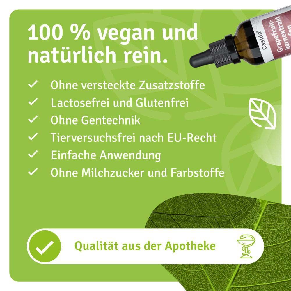 Text: 100% vegan und natürlich rein. Ohne Zusatzstoffe, laktosefrei, glutenfrei, ohne Gentechnik. Qualität aus der Apotheke.