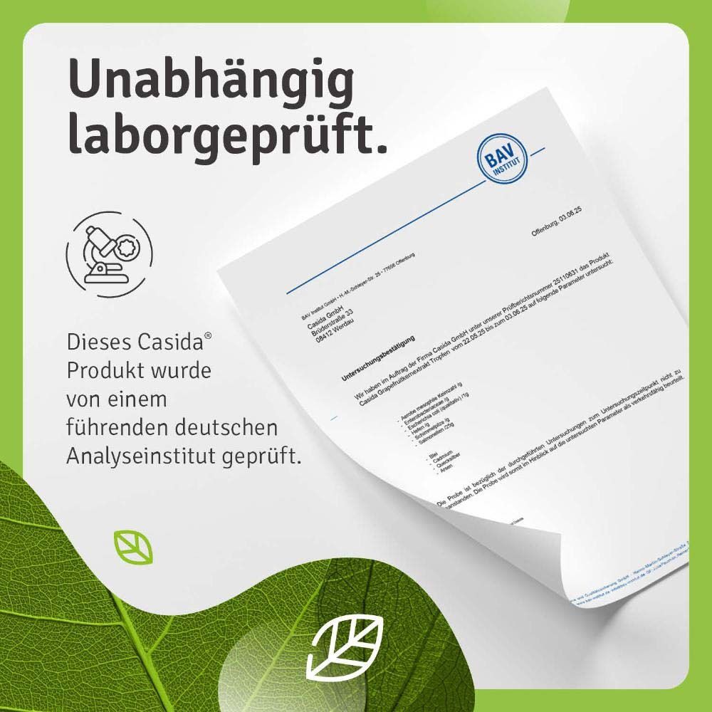 Text: Dieses Casida Produkt wurde von einem führenden deutschen Analyseinstitut geprüft. Zertifikat mit Details.