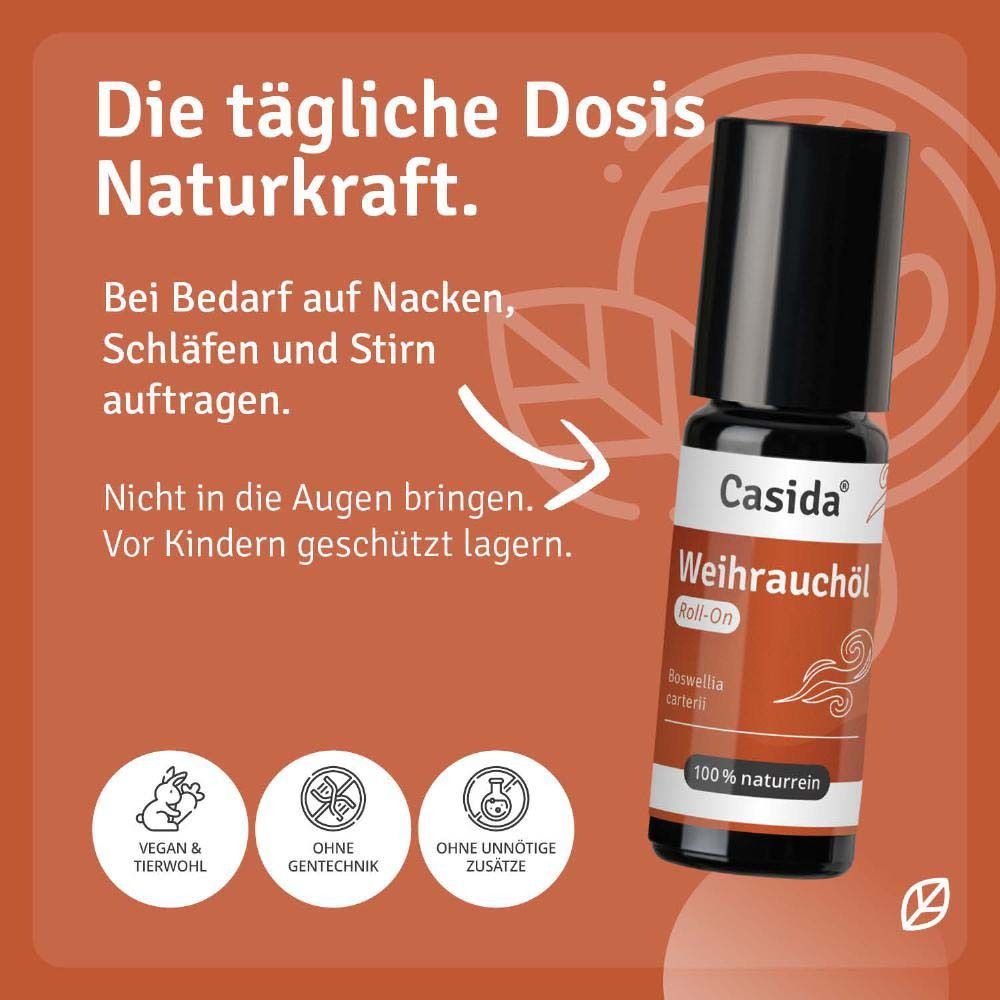 Produktflasche mit Text: Casida® Weihrauchöl Roll-On. Text: Die tägliche Dosis Naturkraft. Vegan, ohne Gentechnik, ohne Zusätze.