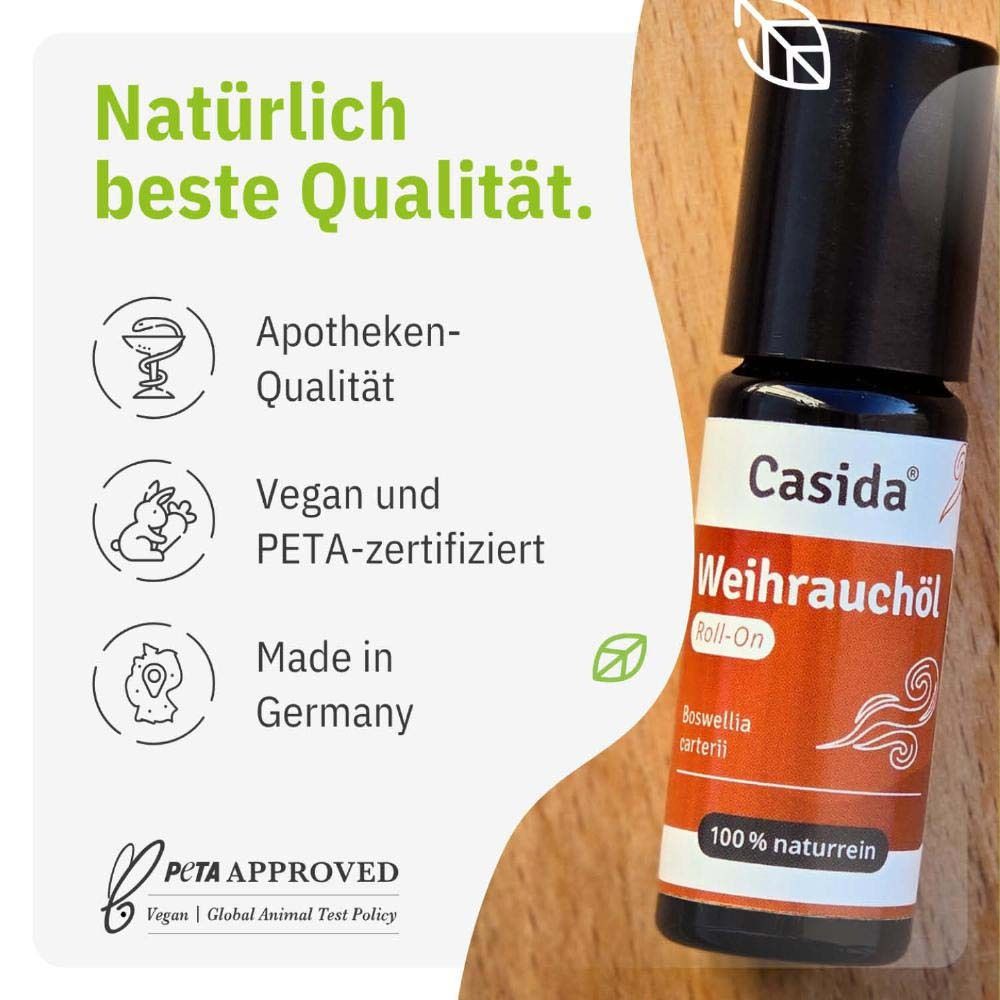 Produktflasche mit Text: Casida® Weihrauchöl Roll-On. Text: Natürlich beste Qualität. Apotheken-Qualität, vegan, PETA-zertifiziert, Made in Germany.