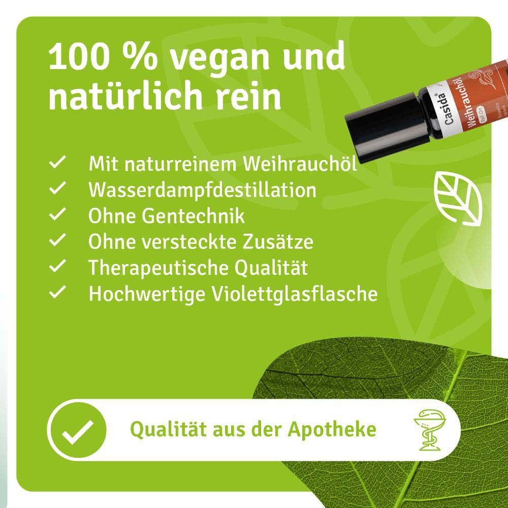 Produktflasche mit Text: Casida® Weihrauchöl Roll-On. Text: 100% vegan und natürlich rein. Apotheken-Qualität.