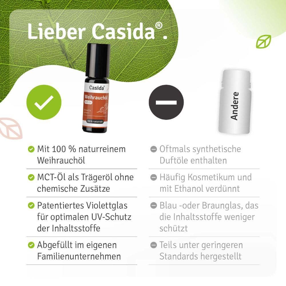 Produktflasche mit Text: Casida® Weihrauchöl Roll-On. Vorteile: 100% naturrein, MCT-Öl, patentiertes Violettglas, abgefüllt im Familienunternehmen.