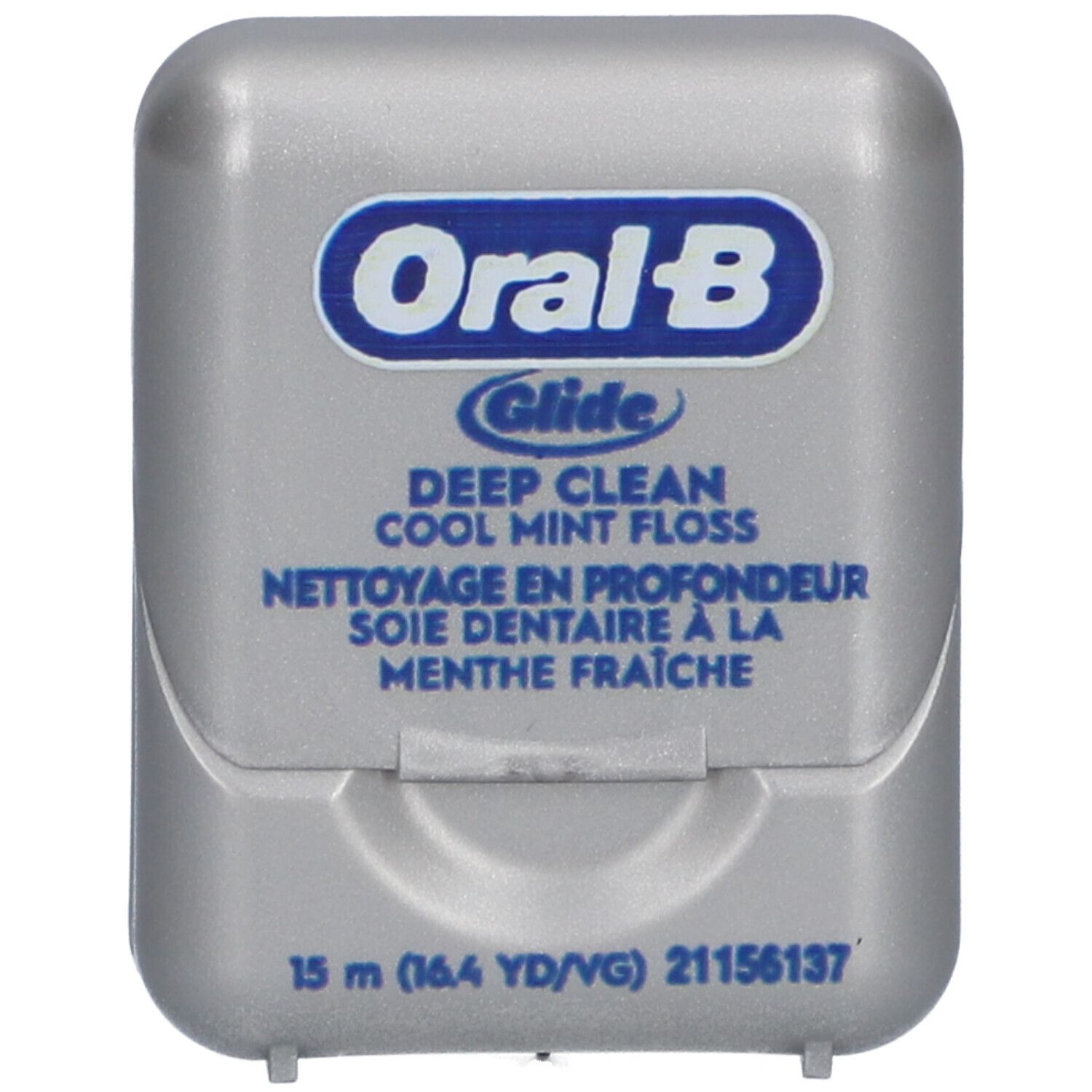 Graue Zahnseidenbox mit "Oral-B Glide Deep Clean"-Logo. Text: "Cool Mint Floss", "Nettoyage en profondeur". 15 m.