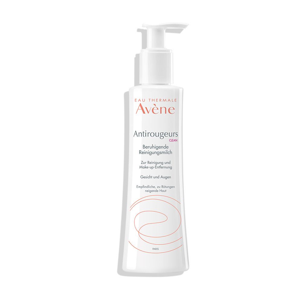 Weiße Flasche mit Pumpverschluss. Aufschrift: Eau Thermale Avène, Antirougeurs CLEAN, Beruhigende Reinigungsmilch.
