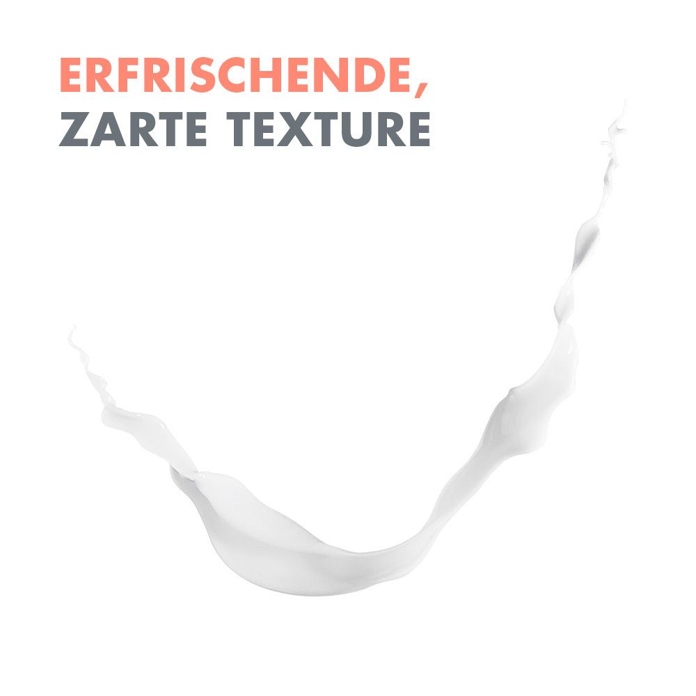 Weißer Flüssigkeitsstrich. Text: Erfrischende, zarte Textur.