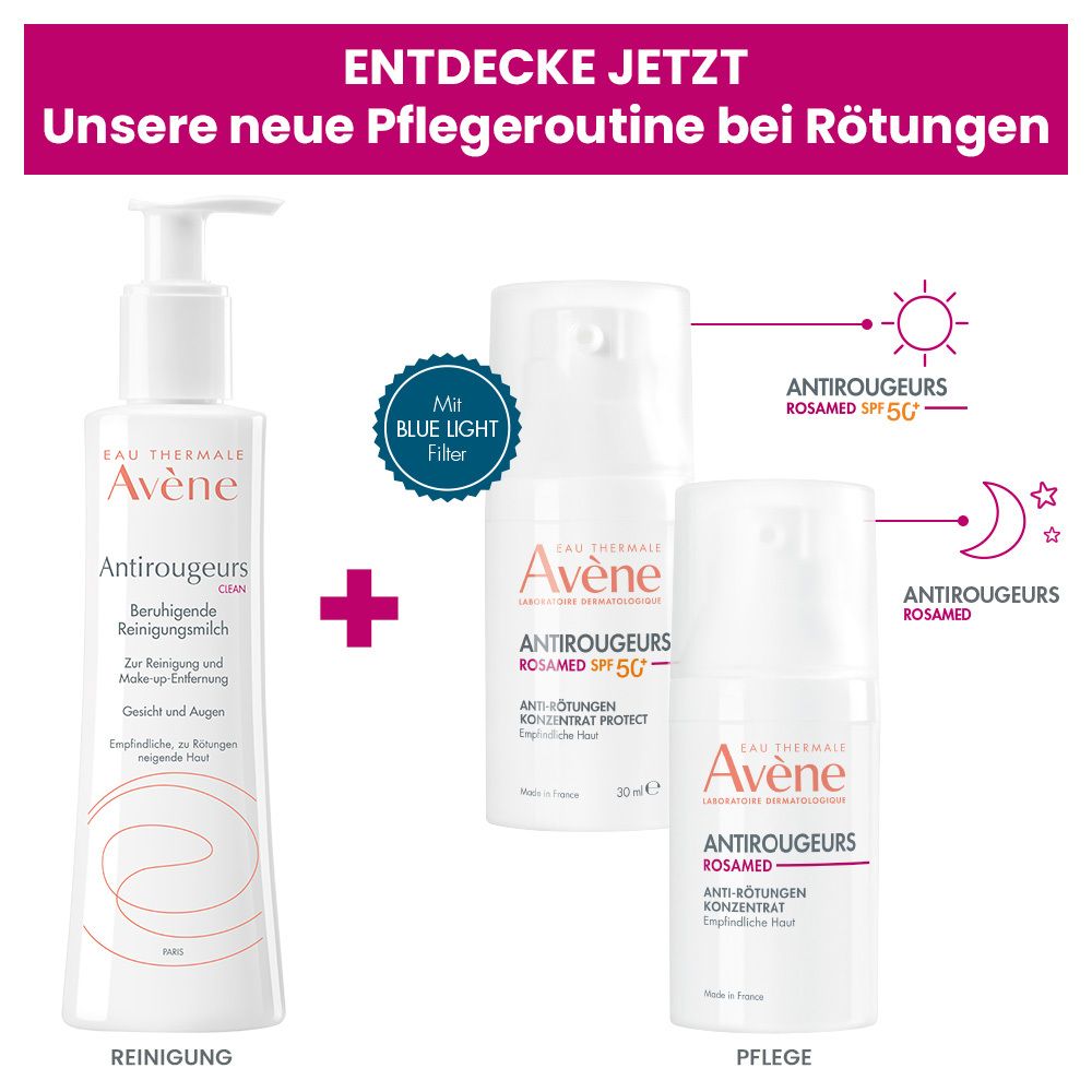 Drei Produkte: Antirougeurs CLEAN, Antirougeurs Rosamed SPF50+, Antirougeurs Rosamed. Text: Reinigung, Pflege.