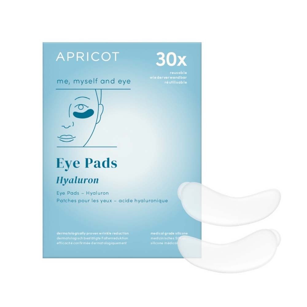 Verpackung mit APRICOT Eye Pads mit Hyaluron. Enthält 30 Pads. Aufdruck: Eye Pads, Hyaluron, wiederverwendbar.