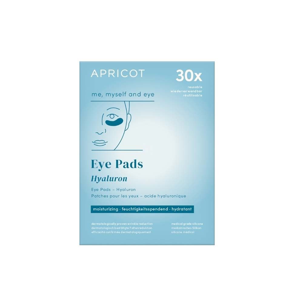 Verpackung mit APRICOT Eye Pads mit Hyaluron. Aufdruck: Eye Pads, Hyaluron, feuchtigkeitsspendend. 30 Stück.