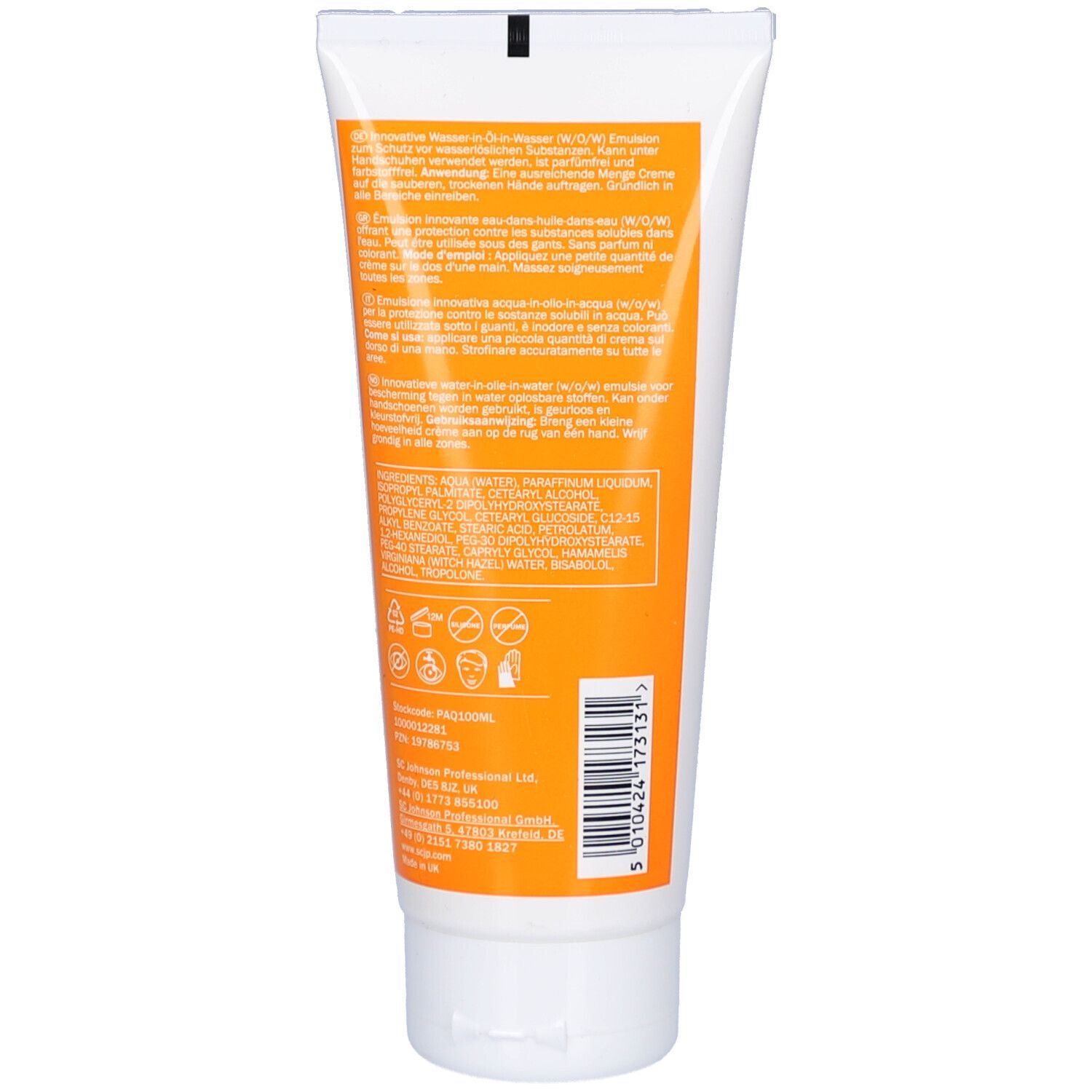 Rückseite der Tube. Text in mehreren Sprachen. Orangefarbener Hintergrund mit Produktinformationen und Inhaltsstoffen.