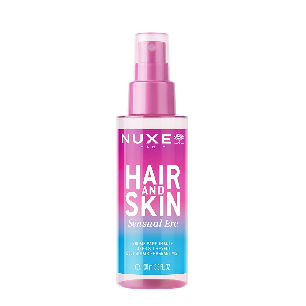 NUXE® Hair and Skin Sensual Era. Rosa und blaue Flasche mit Sprühkopf. Text: Hair and Skin, Sensual Era.