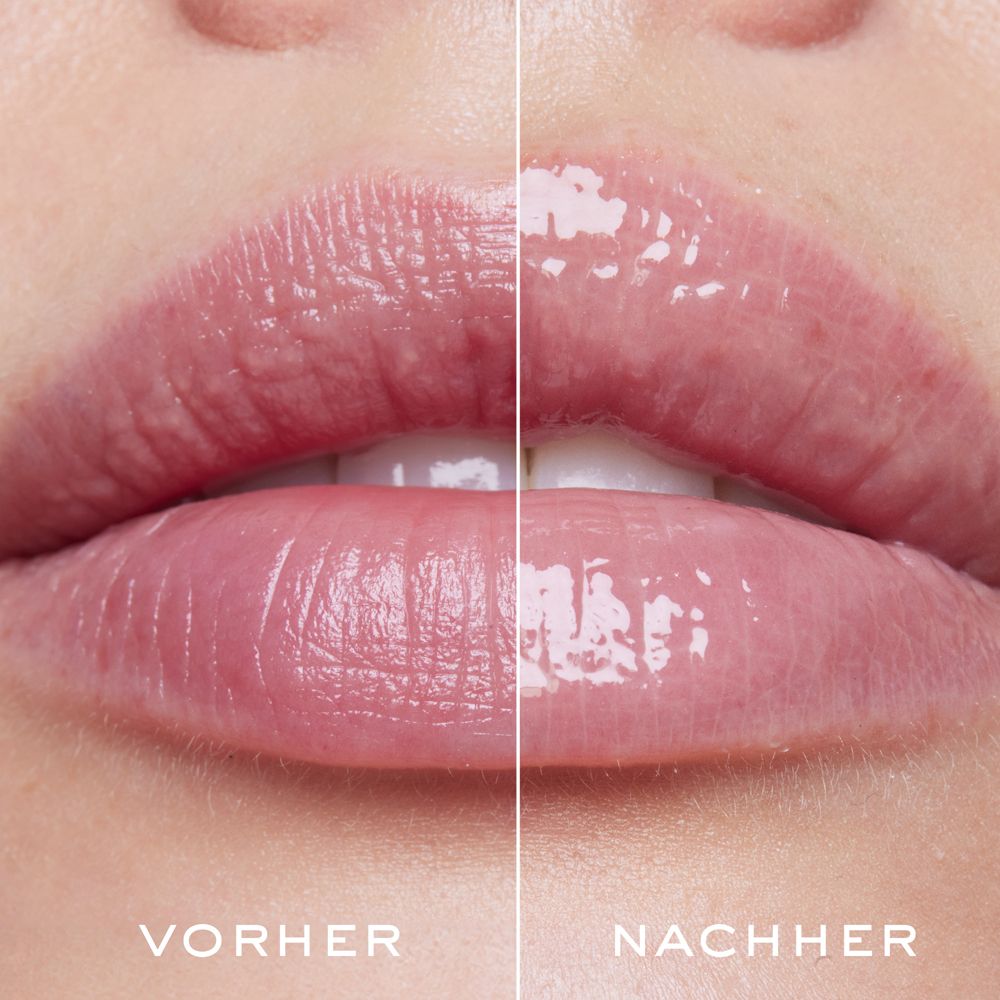 Nahaufnahme von Lippen, links vorher, rechts nachher. Glänzender Effekt.