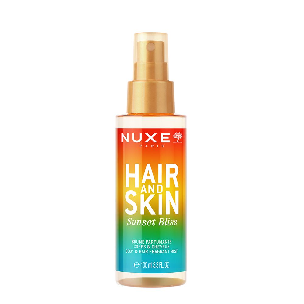NUXE® Hair and Skin Sunset Bliss. Farbverlauf-Flasche mit Sprühkopf. Text: Hair and Skin, Sunset Bliss, Body & Hair Fragrant Mist.