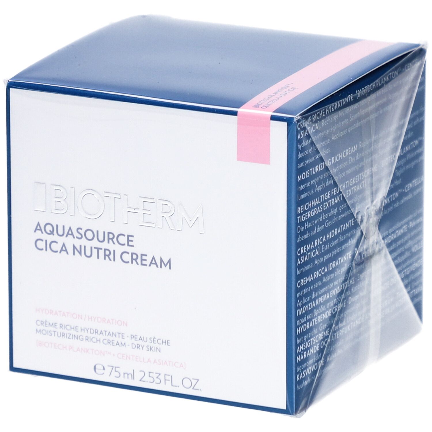 Biotherm Aquasource Cica Nutri Cream. Weiße Schachtel mit blauem Deckel. Rosa Klebeband. Produktname und Marke in Prägung.