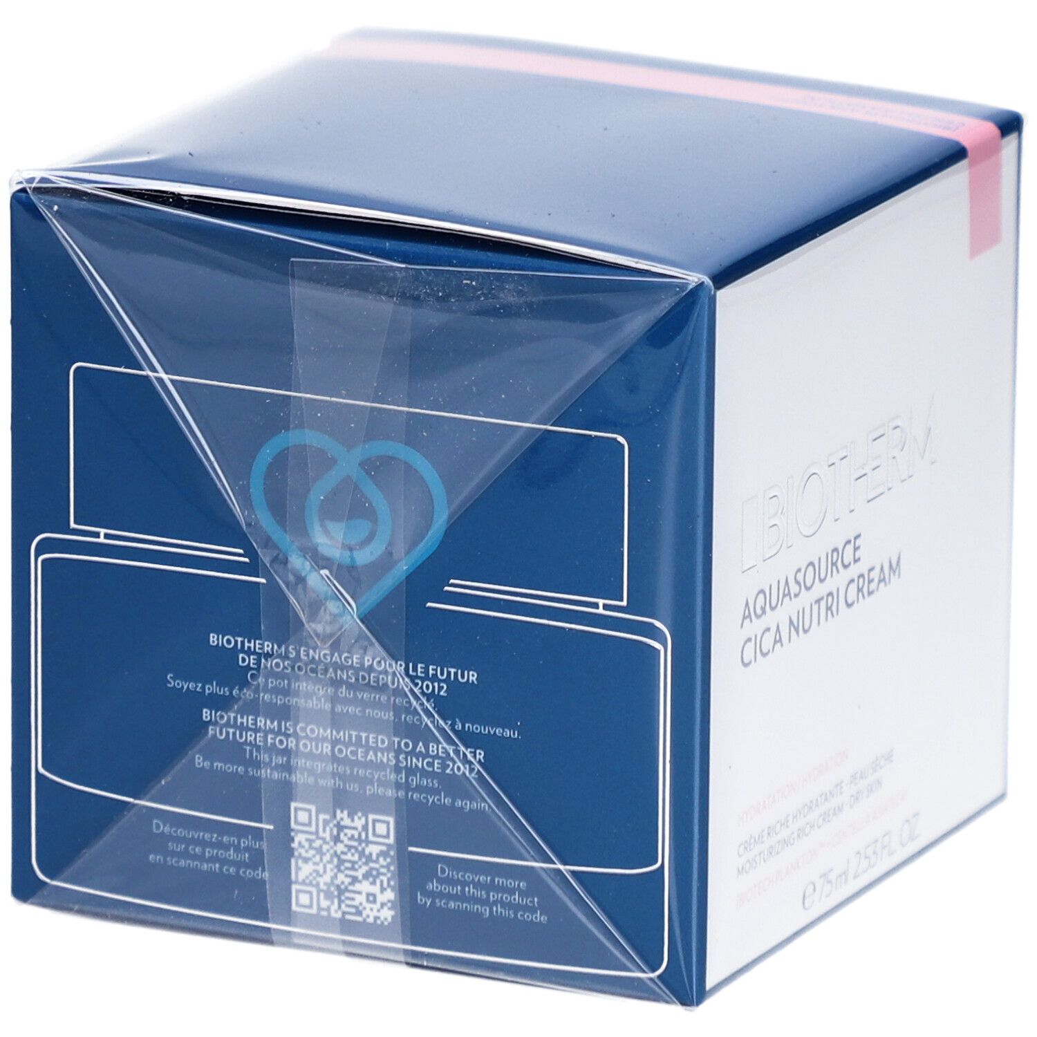 Biotherm Aquasource Cica Nutri Cream. Verpackung mit blauem Deckel. Transparente Folie. Logo und Text auf der Seite.