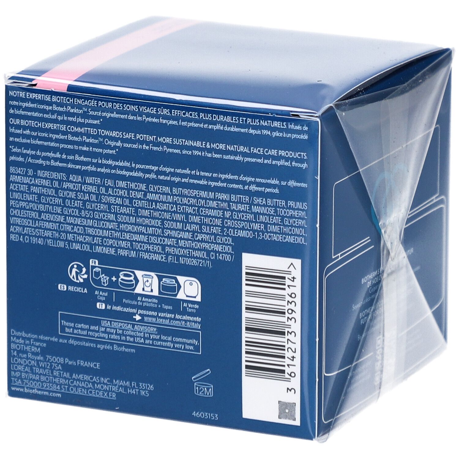Biotherm Aquasource Cica Nutri Cream. Rückseite der Verpackung. Blauer Hintergrund. Text und Logos. Recycling-Symbole.