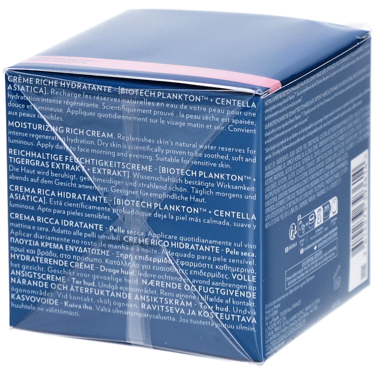 Biotherm Aquasource Cica Nutri Cream. Verpackung mit blauem Deckel. Text in mehreren Sprachen. Rosa Klebeband.