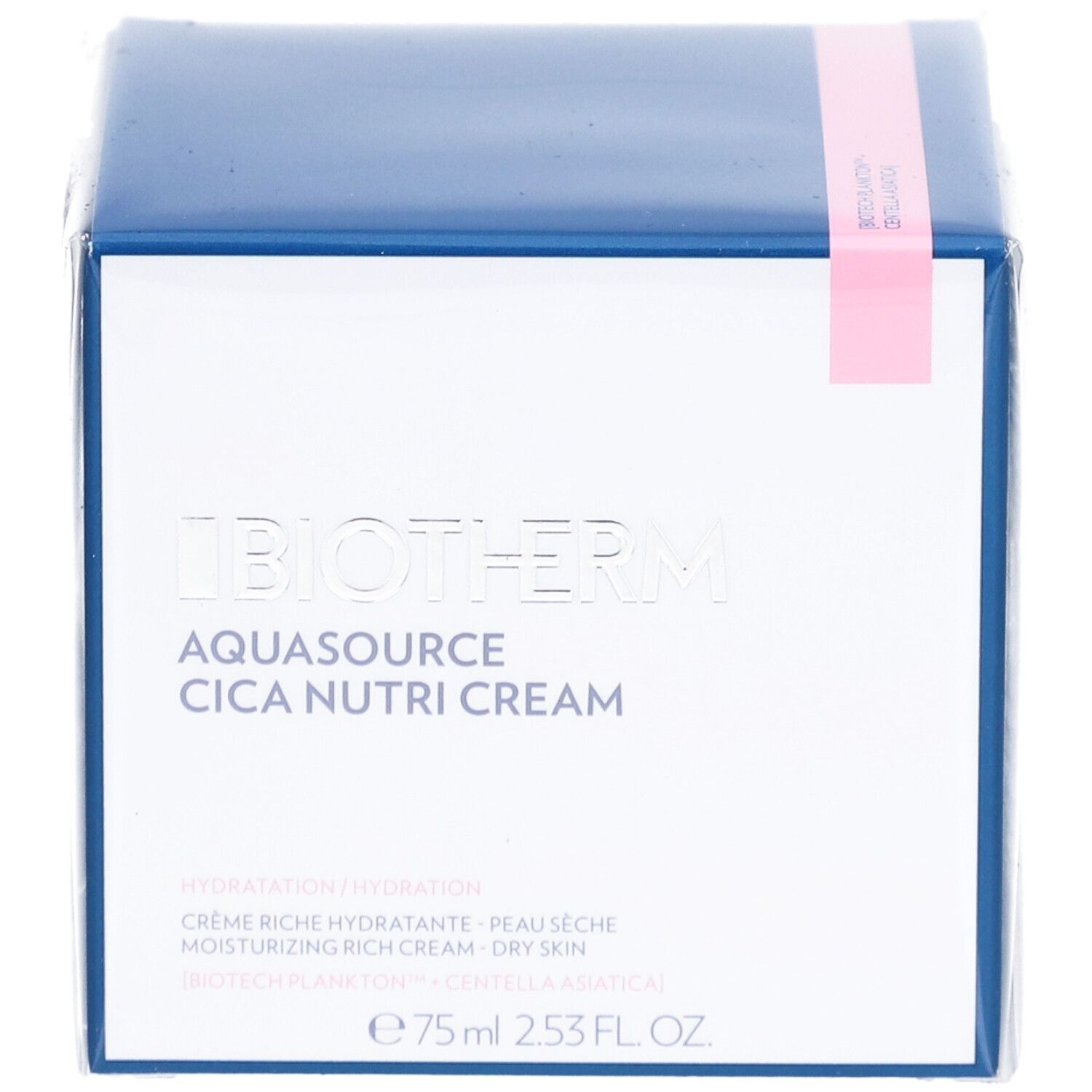 Biotherm Aquasource Cica Nutri Cream. Weiße Schachtel mit blauem Deckel. Rosa Klebeband. Produktname und Marke.