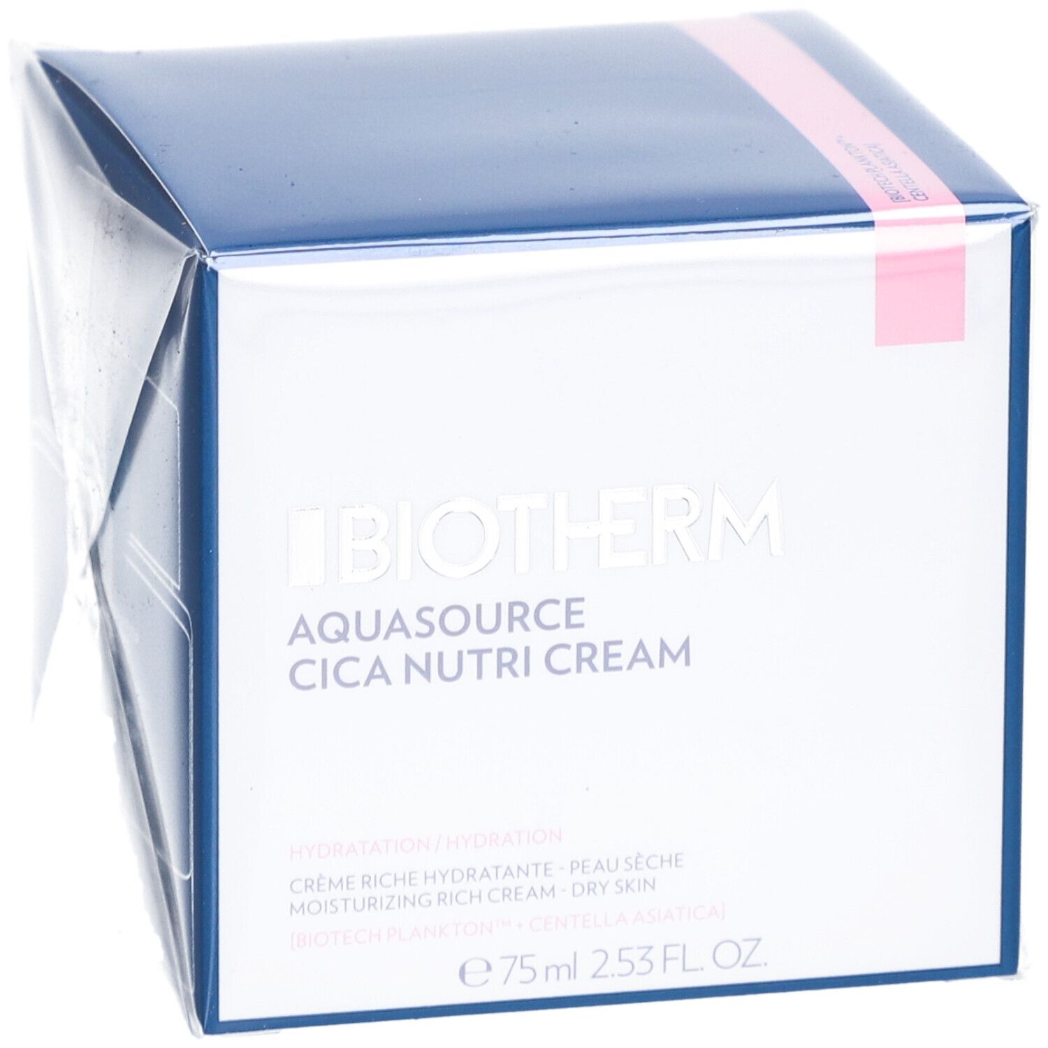 Biotherm Aquasource Cica Nutri Cream. Verpackung mit blauem Deckel. Transparente Folie. Produktname und Marke.