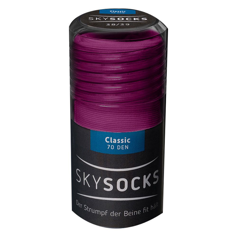 SKYSOCKS Classic 70 DEN, Größe 38/39, in transparenter Verpackung. Dunkelviolette Strümpfe sichtbar.