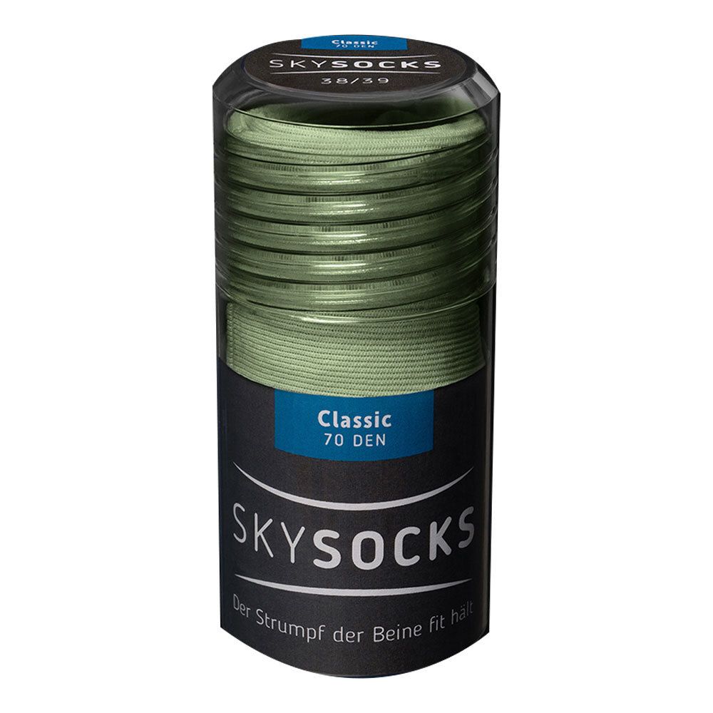 Grüne Kompressionsstrümpfe in zylindrischer Verpackung. Aufschrift: SKYSOCKS Classic 70 DEN.